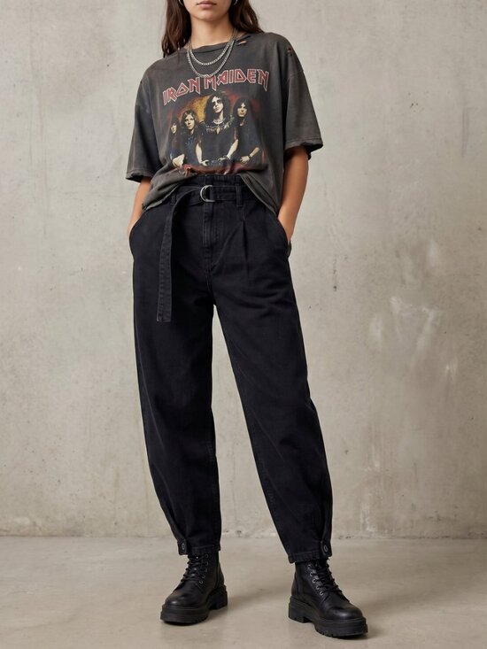 Mng Jeans Denim - Mango NWOT Black Barrel Leg Jeans High Rise Pleated Cuffed Belted Balloon Denim